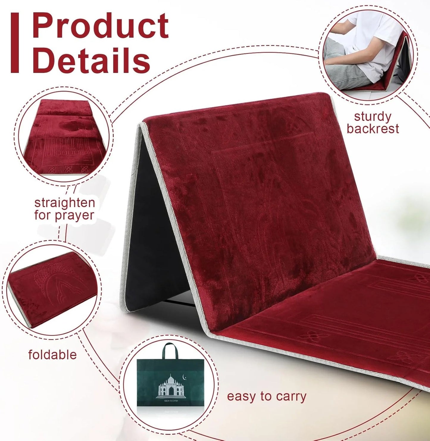 Premium Quality Foldable Musallah Prayer Rug with Back Rest